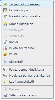 Näet karttatasot tässä listassa, kun Sisältö on valittuna Painamalla karttatasosi nimen perässä olevia kolmea pistettä, avautuu tärkeä valikko.