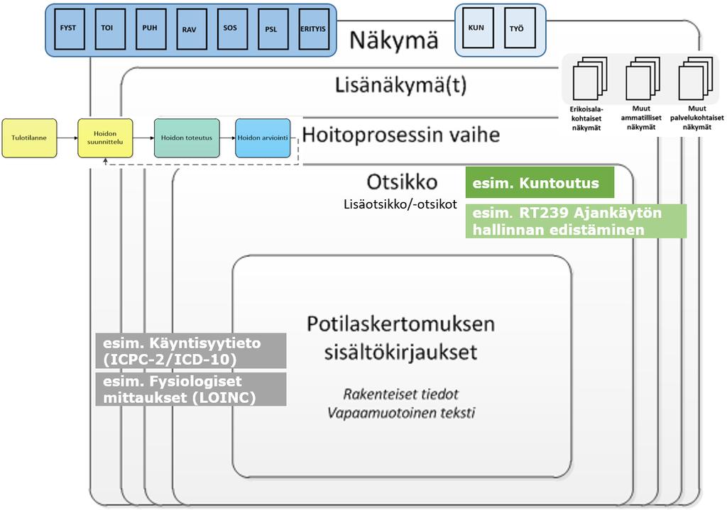 KUVA 11: Näkymät, hoitoprosessin vaiheet, kansalliset otsikot ja lisäotsikot sekä rakenteiset tiedot kirjaamisen tukena (Rakenteisen kirjaamisen opas Osa 1. THL.