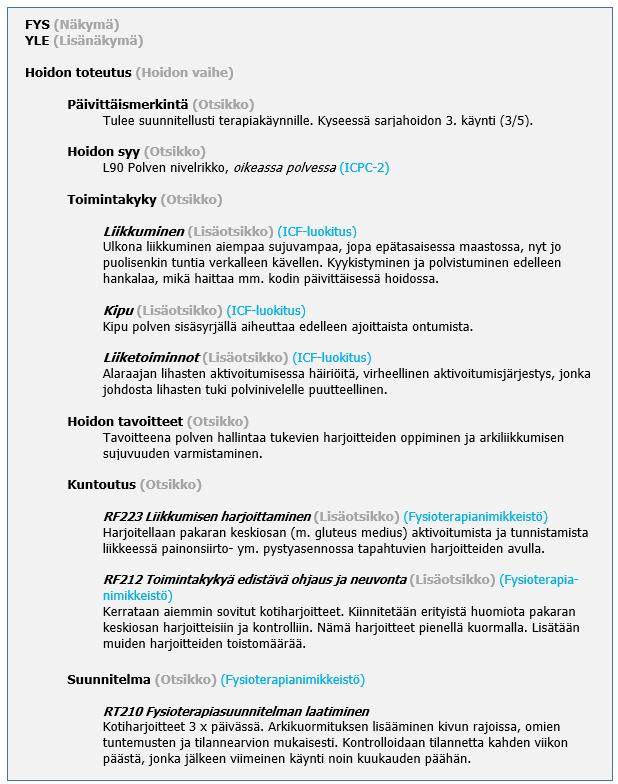 KUVA 14. Esimerkki 1. Polikliininen käynti fysioterapeutin vastaanotolla (osana sarjahoitoa).