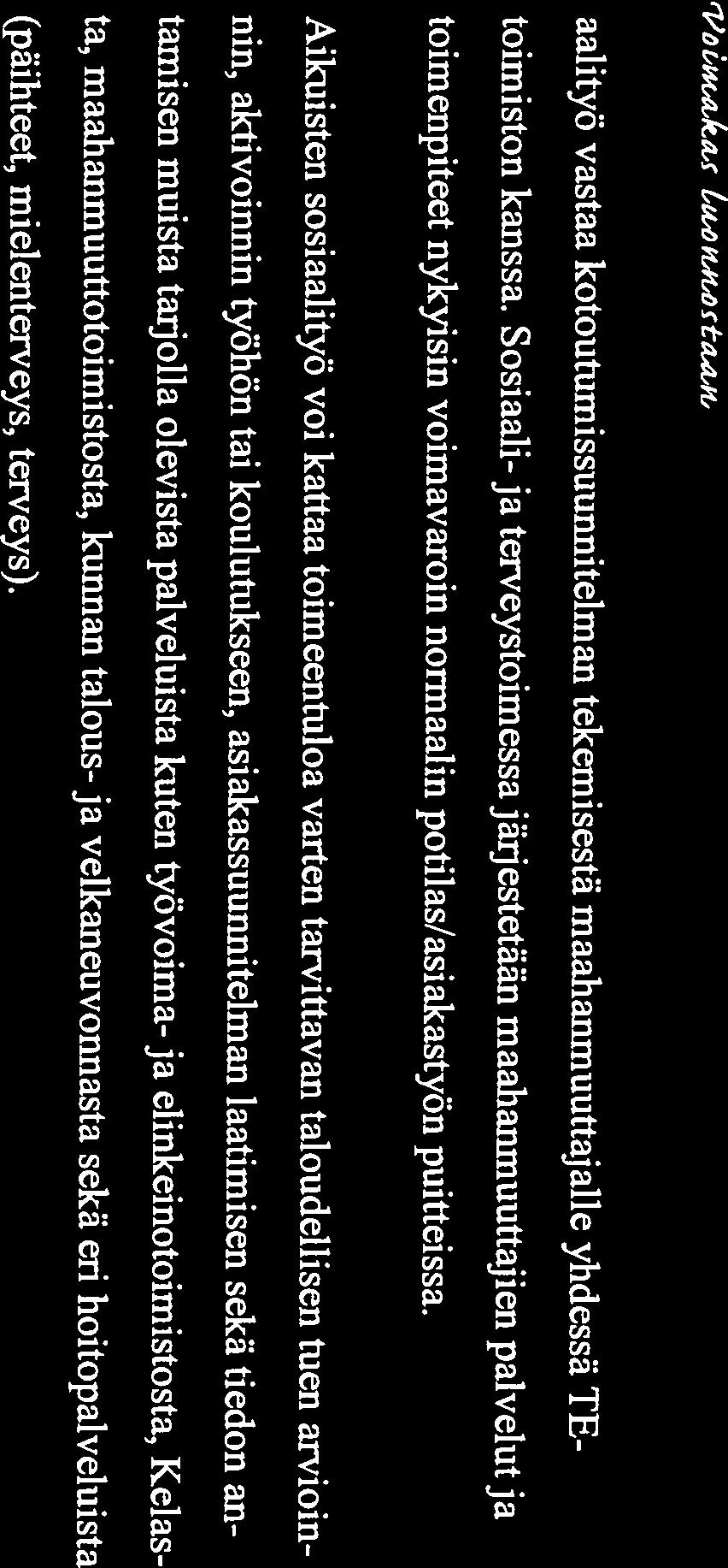 nin, aktivoinnin työhön tai koulutukseen, asiakassuunnitelman laatimisen sekä tiedon an aalityö vastaa kotoutumissuunnitelman tekemisestä maahanmuuttaj alle yhdessä TEtoimiston kanssa.