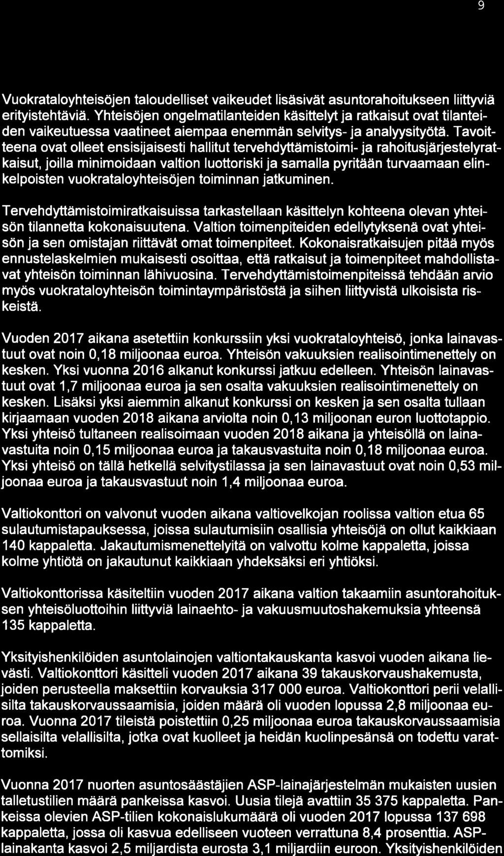 9 Vuokrataloyhteisojen taloudelliset vaikeudet lisäsivät asuntorahoitukseen liittyviä erityistehtäviä.