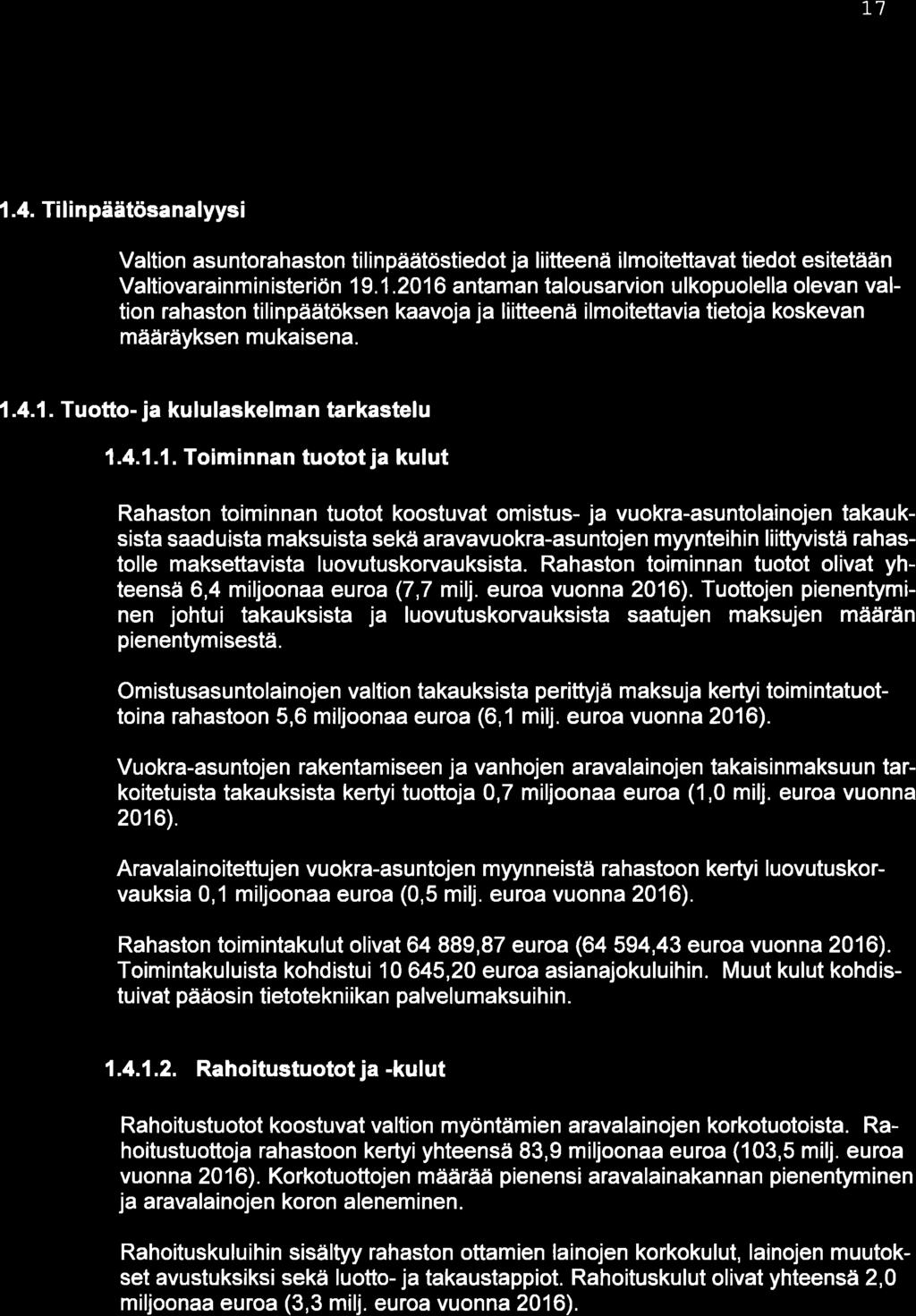 T1 I.4. Tilinpäätösanalyysi Valtion asuntorahaston tilinpäätöstiedot ja liitteenä ilmoitettavat tiedot esitetään Valtiovarainministeriön 19.1.216 antaman talousarvion ulkopuolella olevan valtion rahaston tilinpäätöksen kaavoja ja liitteenä ilmoitettavia tietoja koskevan määräyksen mukaisena.