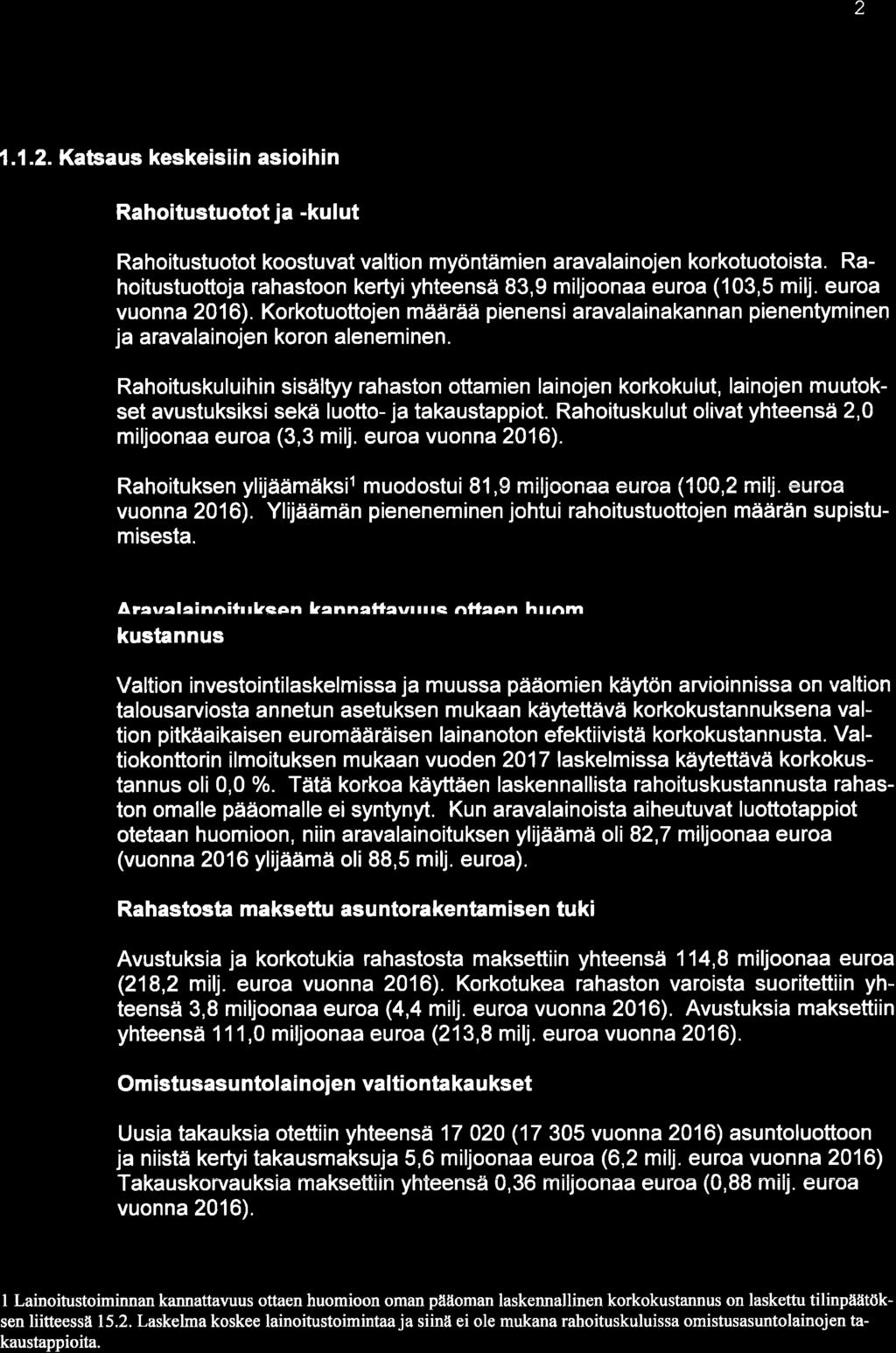 2 1.1.2. Katsaus keskeisiin asioihin Rahoitustuotot ja -kulut Rahoitustuotot koostuvat valtion myöntämien aravalainojen korkotuotoista.