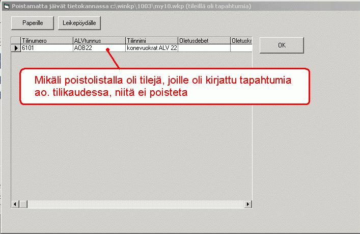 - Seuraavaksi ohjelma ehdottaa poistettavia OA- ja MA-tilejä (alv-velka ja -saamistilejä) sen mukaan, mitä verokantoja vastaavia