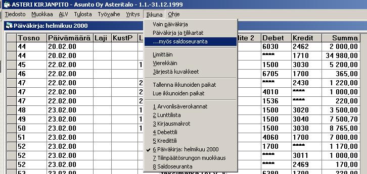 Asteri Kirjanpito KÄYTTÖOHJEET 129/260 Ikkunasta toiseen siirtyminen tapahtuu hiirellä näpäyttämällä. Jos haluttu ikkuna ei ole näkyvillä, saa sen näkyviin valitsemalla Ikkuna-valikosta.