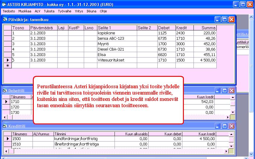 146/260 KÄYTTÖOHJEET Asteri Kirjanpito Esimerkki: Perustilanteessa päiväkirjaa kirjattaessa kirjataan myös pankkitili: Ohjelmalle voidaan kuitenkin määrittää (Muokkaa Numerointi