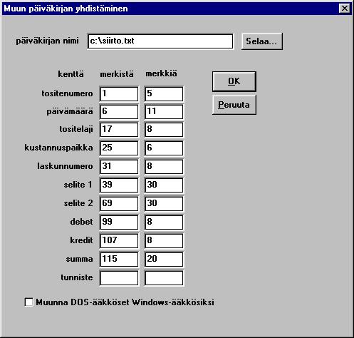 Asteri Kirjanpito KÄYTTÖOHJEET 169/260 Rivillä voi olla esimerkiksi seuraavat tiedot: 1) tositenumero (enintään 5 