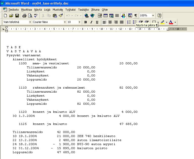 Asteri Kirjanpito KÄYTTÖOHJEET 237/260 Tekstinkäsittelyohjelmassa voit muokata, tallentaa ja tulostaa taseerittelyn: Ostovelkojen ja myyntisaamisten tase-erittelystä näkyy avoimet laskut.