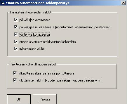 24/260 KÄYTTÖOHJEET Asteri Kirjanpito 3.2.7 Tositerivien korjaamisen nopeuttaminen Jos ohjelma toimii joissakin kohdin liian hitaasti, esimerkiksi verkkokäytössä, voit kytkeä pois automaattisen saldonpäivityksen.