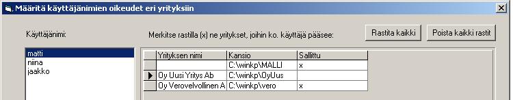 ruksata, kuka käyttäjä pääsee mihinkin yritykseen Alikäyttäjä pääsee vaihtamaan oman salasanansa. Alikäyttäjä pääsee vain niihin yrityksiin, jotka pääkäyttäjä on hänelle ruksannut sallituiksi.