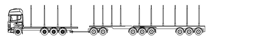 Neljäakselisen kuorma-auton, täysperävaunun ja keskiakseliperävaunun ajoneuvoyhdistelmän päämitat.