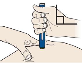 A Vaihe 3: Annoksen pistäminen Pidä ihoalue venytettynä tai puristettuna sormien väliin. Kun oranssi suojakorkki on poistettu, ASETA esitäytetty kynä kohtisuoraan (90 asteen kulmassa) ihoa vasten.