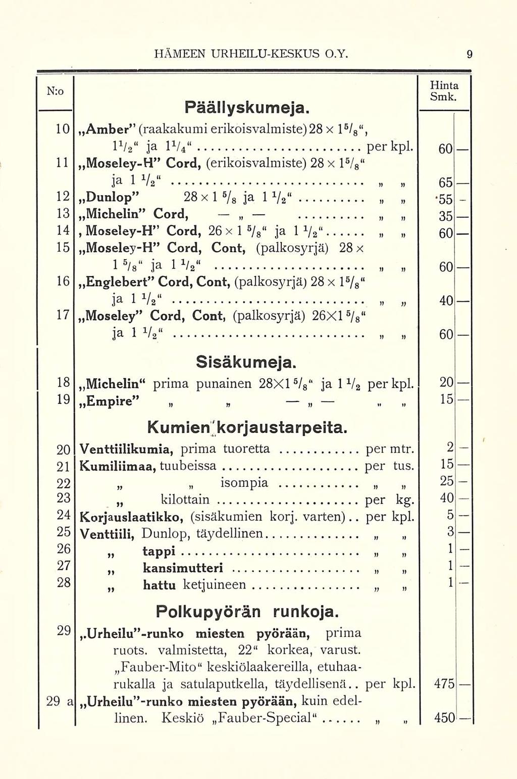 HÄMEEN URHEILUKESKUS O.Y. * ZT Päällyskumeja. 10 Amber (raakakumi erikoisvalmiste) 28 x l 5 / 8, IV ja IV per kpl.