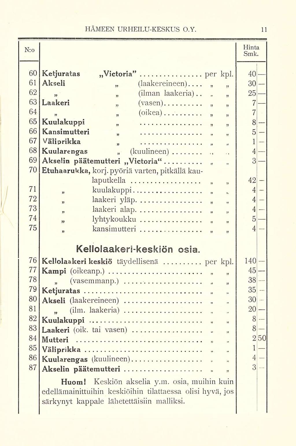 HÄMEEN URHEILUKESKUS O.Y. No Hinta Smk. 25 1 3 4 4 60 Ketjuratas Victoria per kpl. 40 61 Akseli (laakereineen)... 30 62 (ilman laakeria).. 63 Laakeri (vasen) 7 64.. n (oikea).