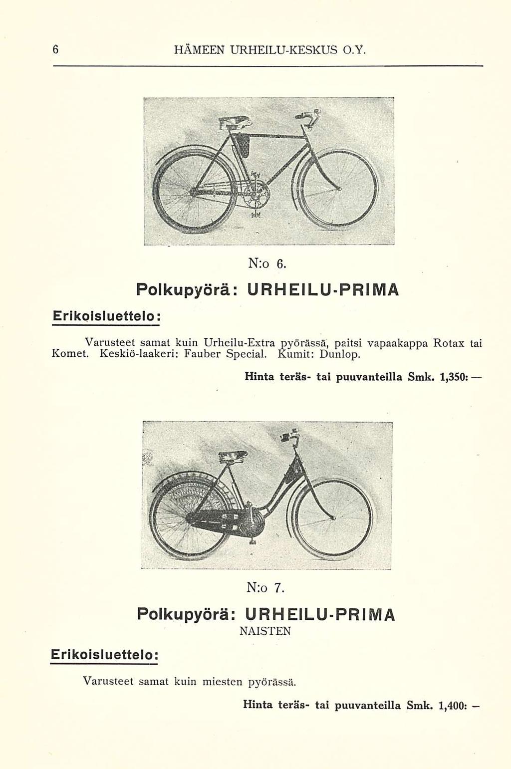 HÄMEEN URHEILUKESKUS O.Y. Erikoisluettelo: N;o 6. Polkupyörä: URHEILUPRIMA Varusteet samat kuin UrheiluExtra pyörässä, paitsi vapaakappa Rotax tai Komet. Keskiölaakeri: Fauber Special.