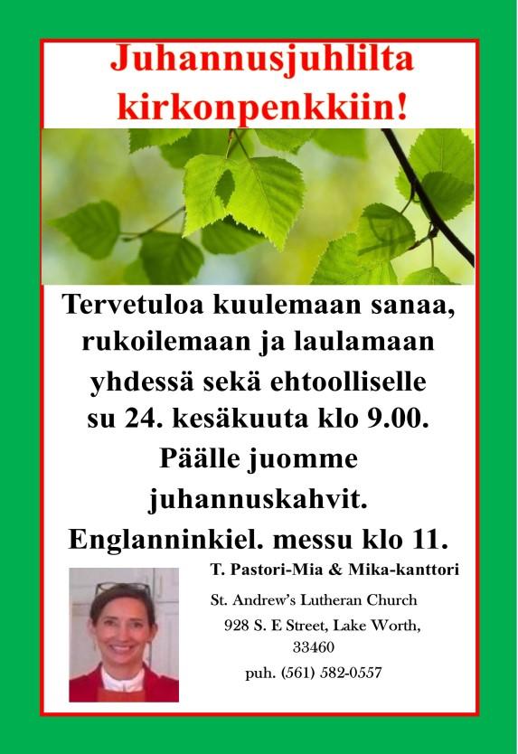 26 27 28 9:45 am smk kuoro 8 9 Sun Mon Tue Wed Thu Fri Sat KESÄKUU 2018 10 am Kaksikielinen jumalanpalvelus ja ehtoollinen/combined Service with communion 3:00 p.m. Lepokodin messu/ FARH mass 10 9 am Suomenkielinen jumalanpalvelus 11 am English worship service (sermon: Meija Sillanpaa) FATHER S DAY 17 9:00 a.