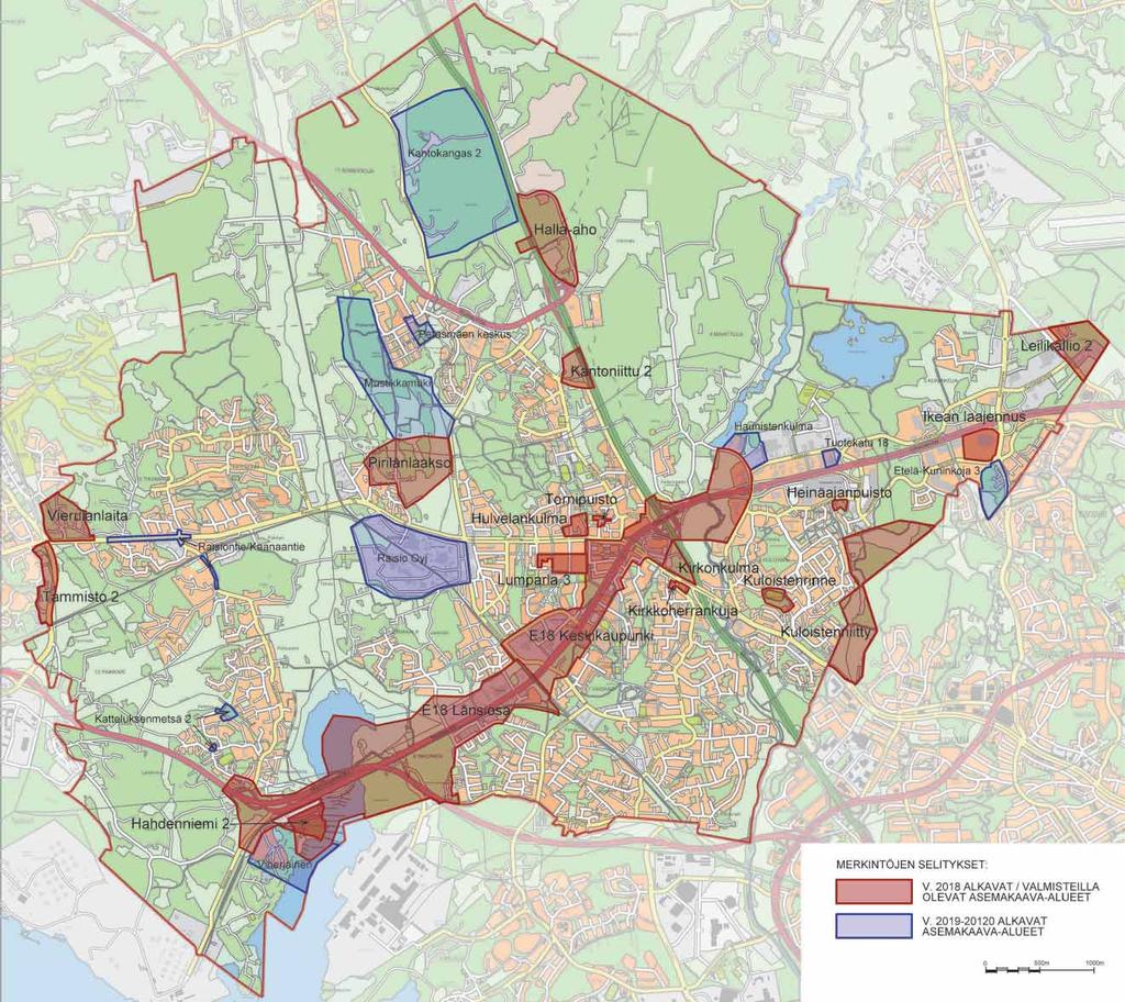 Asemakaavoitus 2018 Seuraavassa on kuvattu kaavoituskohteiden keskeistä sisältöä ja ohjeellista ajoitusta. Arvioidut asunto-, asukas- ja työpaikkamäärät ovat uusia, kaavoituksella syntyviä.