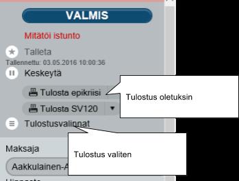 Tulostus oletus valinnoin Epikriisi Epikriisiin tulostetaan kaikki istunnolle kirjatut tiedot lukuunottamatta Erillisasiakirjaan tallennettua tietoa.