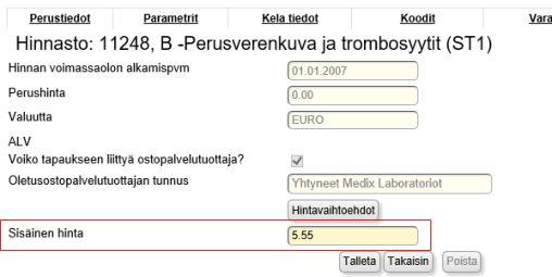 Hinnastotapahtumalle sisäinen hinta Hinnastotapahtumalle on lisätty mahdollisuus tallentaa sisäinen hinta.