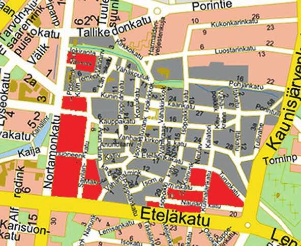 Suojavyöhykkeen inventointialueet punaisella. Pohjakarttana Rauman opaskartta. Rauman kaupunki Research areas in buffer zone in red.