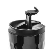 STEEL MUG An elegant vacuum-insulated steel thermos mug with a sealable opening and a rubber-sealed screw top.