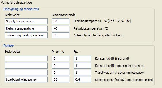 Figure 15. Dialog for the heat delivery system. Top field: Supply temperature from boiler 80 C, Return temperature from radiator system 40 C, Type of heating distribution system two string system.
