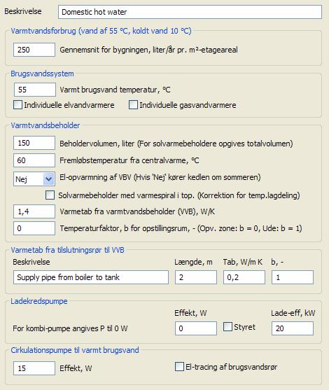 Figure 16. Dialog for the domestic hot water. Field 1 - Domestic hot water consumption for the building: 250 l/year per m².