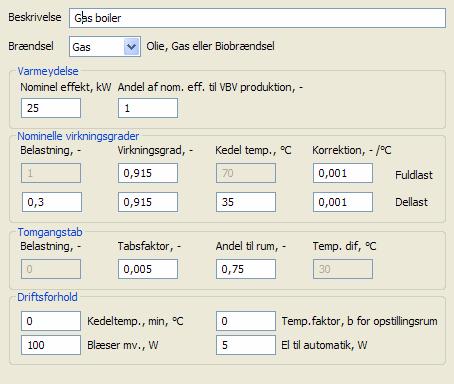 Figure 17. Dialog for the gas boiler. Top: Fuel type (Gas/Oil/Bio-fuel). Field 1 - Nominal power of boiler 25 kw, Share of DHW production produced by boiler.