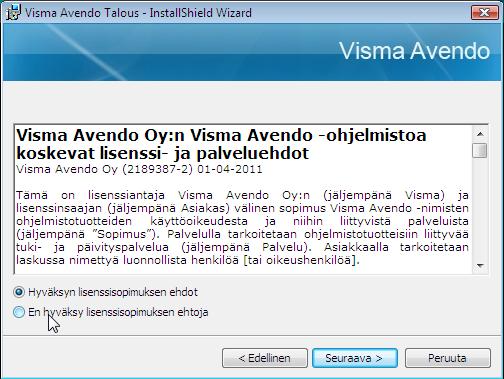 Jatka painamalla Seuraava: 4. Ruudulle aukeaa Visma Avendon lisenssisopimus. Lue se huolellisesti läpi.