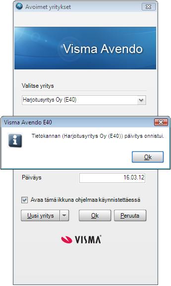 Asennuspaketista löytyy harjoitusyritykset sekä Visma Avendo Laskutus että Visma Avendo E40 - ohjelmille. Harjoitusyritykseen kirjaudutaan sisään käyttäjänimellä Visma ilman salasanaa.