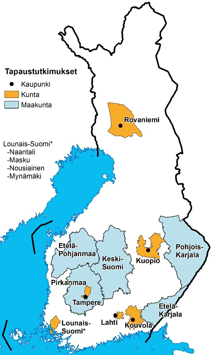 Tapaustutkimusten teemat ja kohteet Teema Tapausesimerkki Maakunta Kulttuuri Kulttuurin kehittämistyö Etelä- Etelä-Pohjanmaa Pohjanmaalla Kulttuurihyvinvoinnin Pirkanmaa kehittämistyö Pirkanmaalla