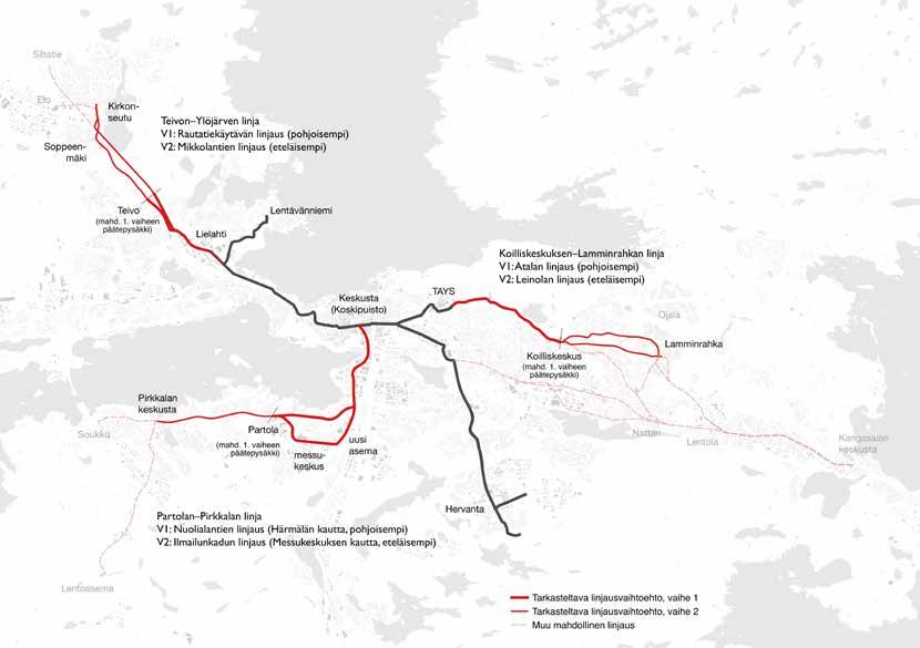 Tarkastellut linjaukset. Jokaiselta kehityskäytävältä tutkittiin kahta vaihtoehtoista linjausta.