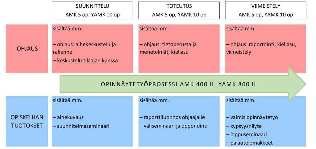 9 3 OPINNÄYTETYÖN PROSESSI Alla kuvataan opinnäytetyöprosessi. Kuvan 2 yläosassa esitetään ohjaustoimet ja alaosassa opiskelijan konkreettiset tuotokset. Kuva on suuntaa antava. Kuva 2.