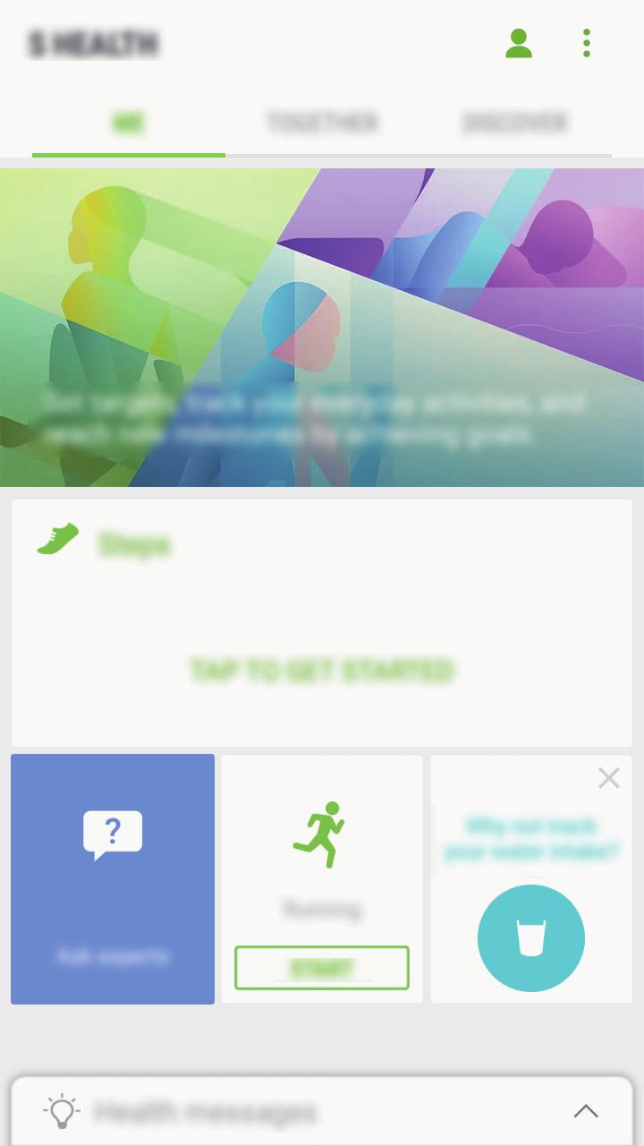 Sovellukset S Health -sovelluksen käyttäminen Voit seurata hyvinvointiasi ja kuntoasi näyttämällä tärkeimmät tiedot S Health -sovelluksen valikoista ja seurantaohjelmista.