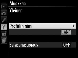 D Profiilien muokkaaminen Jos kameran laukaisinta painetaan sillä aikaa kun valikot ovat näkyvillä, monitori sammuu ja kaikki muutokset kameran nykyiseen profiiliin häviävät.