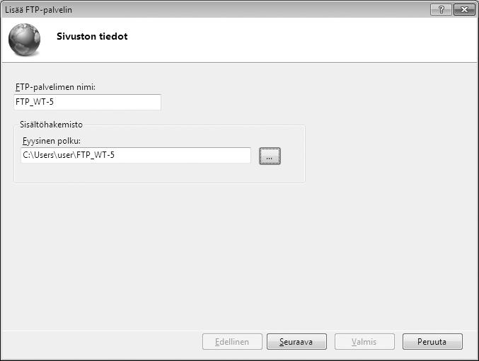 10 Syötä sivun tiedot. Nimeä sivu ja valitse polku siihen kansioon, johon ftp-lataus lataa tiedostot.