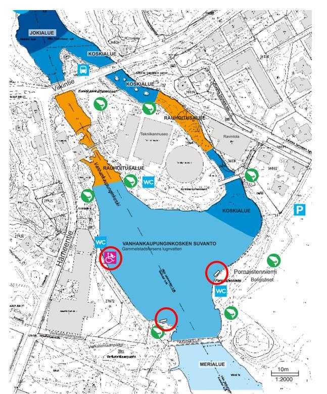 Kalapolut ja laiturit Vanhankaupunginkoskella (Helsingin kalavesien kartta 2018). Nykyiset laiturit on merkitty punaisella ympyrällä. Kalapolku on merkitty kuvaan vihreäpohjaisella kalasymbolilla.