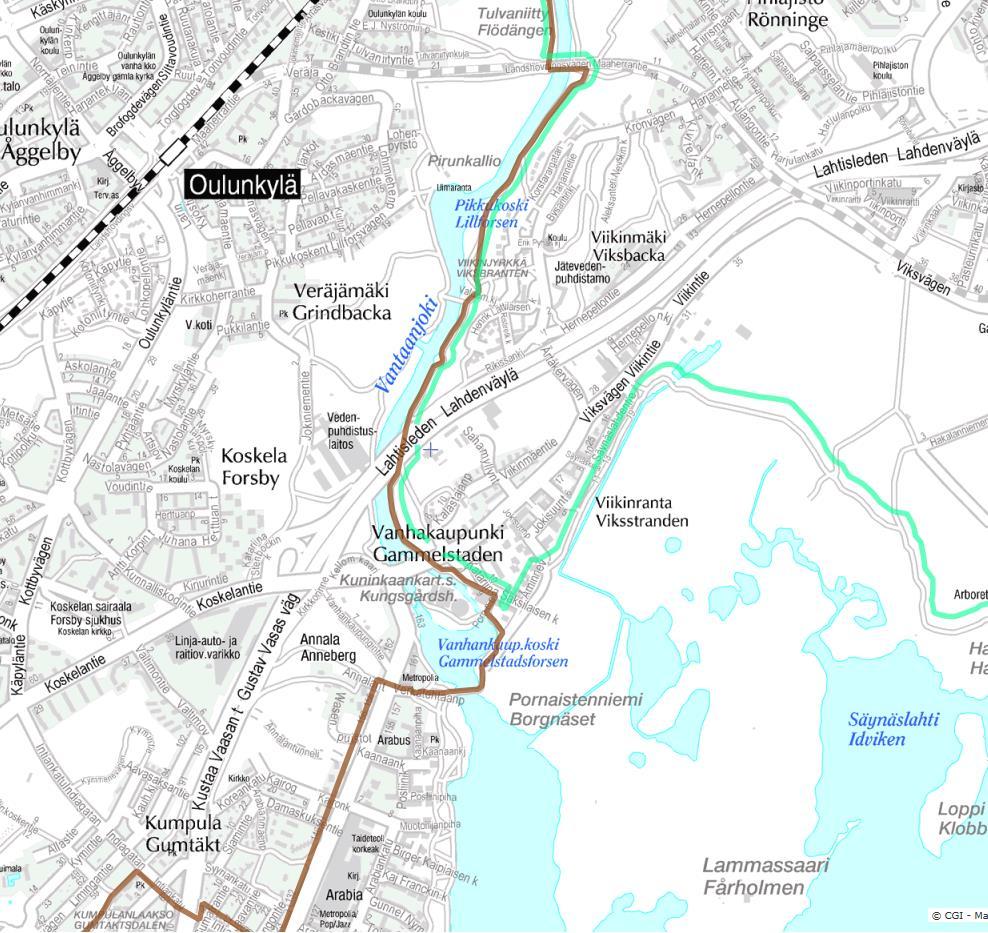 Kevyen liikenteen reitit Vanhankaupunginkoskella (HSL Reittiopas 2018) Helsingin