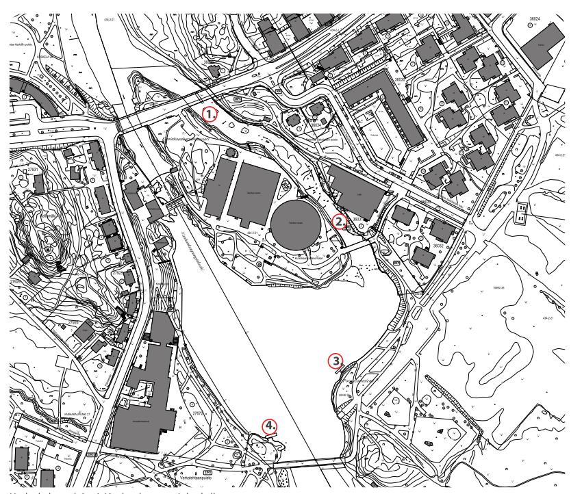 Kuvaan merkittu uudet kalastuslaiturit Vanhankaupunginkoskella. Laiturit 3 ja 4 rakennetaan esteettömiksi.