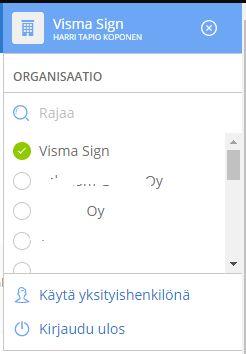17(50) Roolin vaihto tapahtuu valitsemalla oikean ylänurkan pudotusvalikosta haluamasi yrityksen roolin tai käytön yksityishenkilönä. Yritykset, joihin sinulla on käyttöoikeus, näkyvät allekkain.