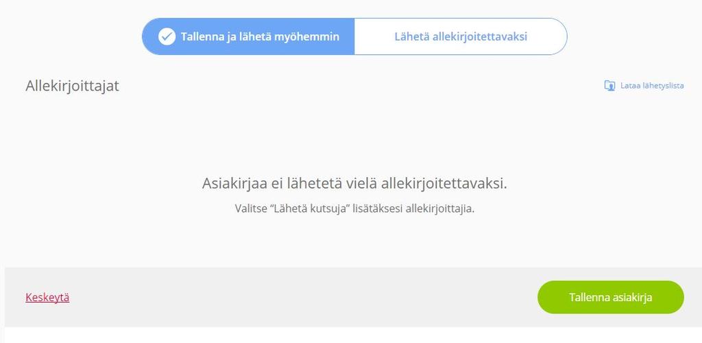 29(50) Tallentamisen jälkeen löydät asiakirjan Arkistosta. Kun olet valmis lähettämään kutsut, avaa asiakirja Arkiston kautta ja paina Lisää asiakirjalle kutsuja.
