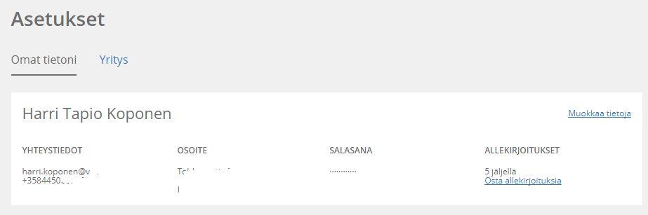 36(50) Jokaisella Visma Sign -käyttäjällä on mahdollisuus muokata omia tietojaan Asetukset-sivun Omat tietoni -kohdassa, valinta Muokkaa tietoja.