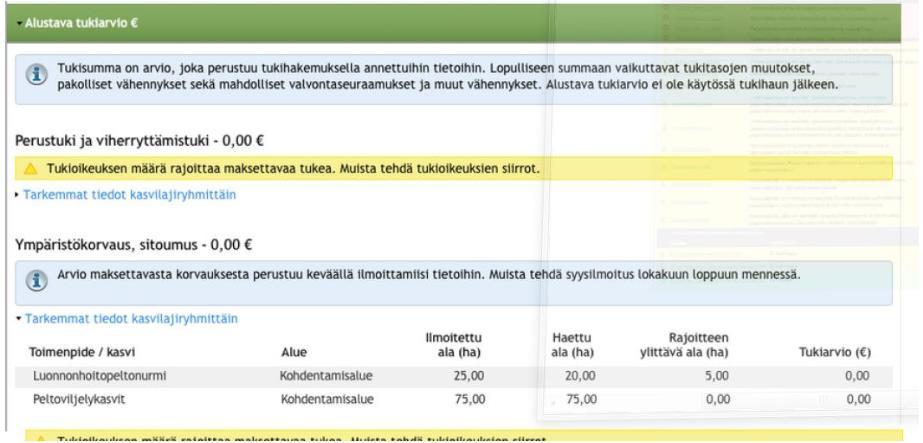 Alustava tukiarvio Arvio tukityyppikohtaisista euromääräisistä tuista Ei enää käytössä tukihaun