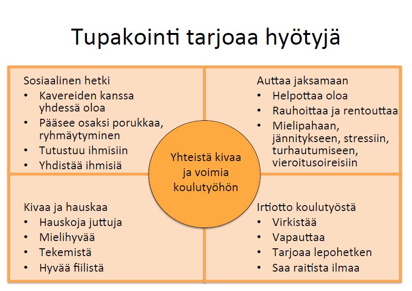 siihen liittyvää tunnetta. Tehtävän tavoitteena oli ymmärtää paremmin nuorten tupakka- ja nikotiinituotteiden käyttöä ja siihen liittyviä tilanteita ja tunteita.