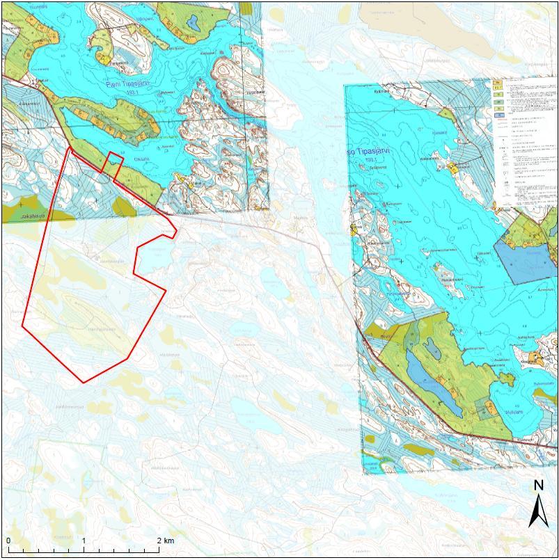 YMPÄRISTÖVAIKUTUSTEN ARVIOINTISELOSTUS 136 Kuva 13-5. Ote Tipasjärven ranta-asemakaavan luonnoksesta. Kaivospiirin rajaus on merkitty otteeseen punaisella.