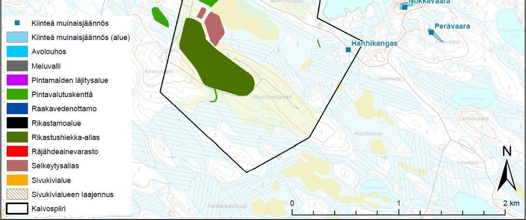 7. Kaivospiirin ympäristössä sijaitsevat kiinteät muinaisjäännökset (Museovirasto) ja kaivoksen suunnitellut toiminnot. 14.