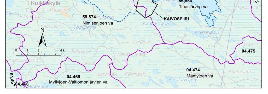 Pääosa kaivosalueesta sijaitsee Tipasjoen vesistöalueella (59.85) ja pieni osa Sapsojoen vesistöalueella (59.87) (Kuva 9-1).