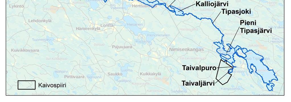 pohjoisosista Pienen Tipasjärven Olkilahteen reittiä Taivaljärvi Taivalpuro ja kaivosalueen kaakkoisosista Isoon Tipasjärveen reittiä Hanhilampi Kangaslampi Levälampi Kolkonjärvi Myllypuro.