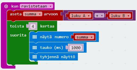 Salaluku-matikkapeli osa 2 Kun Micro:bittiä ravistetaan, summa asetetaan arvoon luku A + luku B (Matematiikka) Sitten näytetään numero "summa" Jos luku onkin kaksinumeroinen, se on ehkä hyvä näyttää