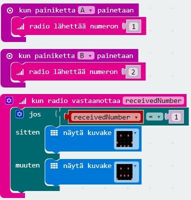 Radion ehdoilla Pysy edelleen samalla taajuudella Jos painiketta A painetaan, lähetä numero 1 Jos painiketta B